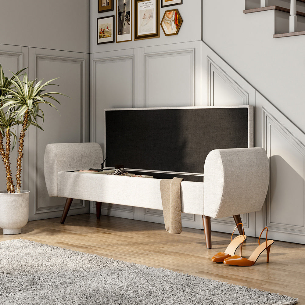 Beige Linen Upholstered Storage Bench with Hidden Storage