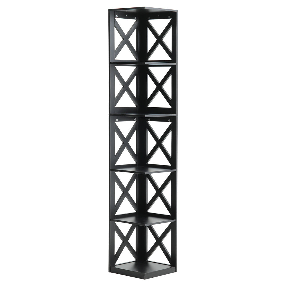 5 Tier Modern Wood Corner Standing Shelf for Living Room, Black