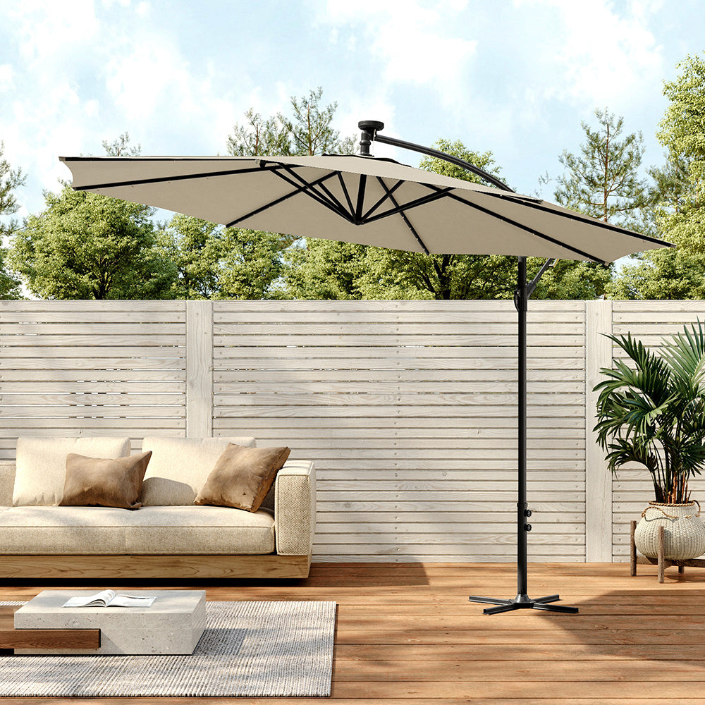 3M Large Garden Hanging LED Parasol Cantilever Sun Shade Banana Umbrella with Cross Base, Beige