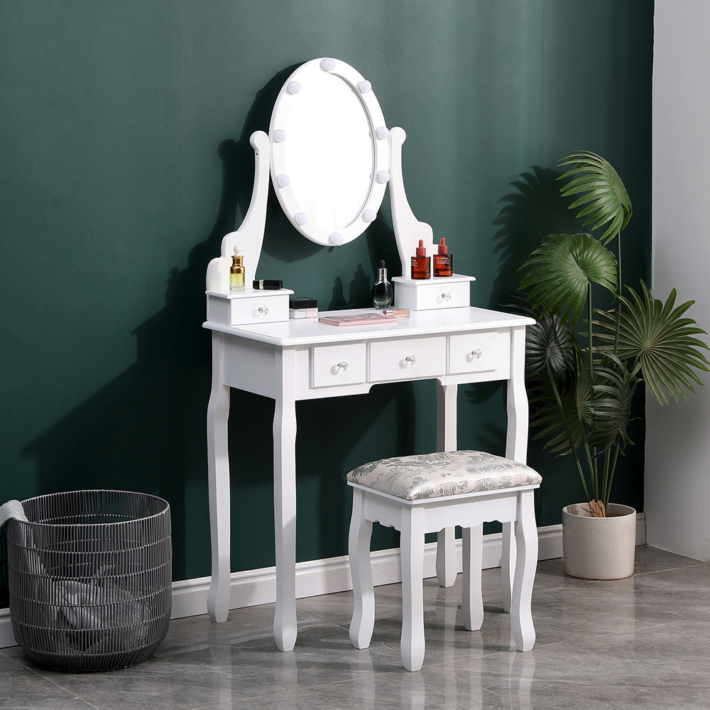 White Lighted Makeup Vanity Desk with Mirror and Stool