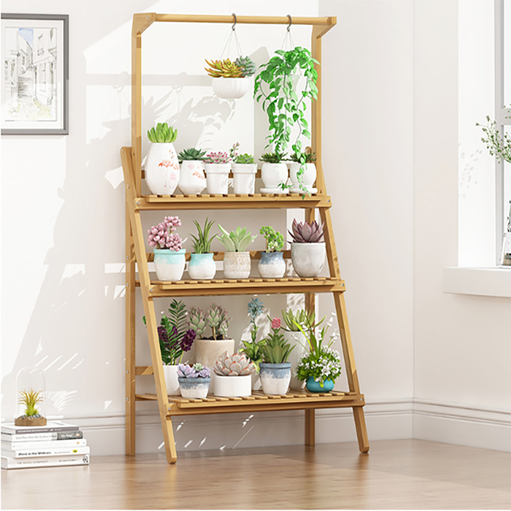 3 Tier Ladder Foldable Plant Stand with Hanging Bar, Wood