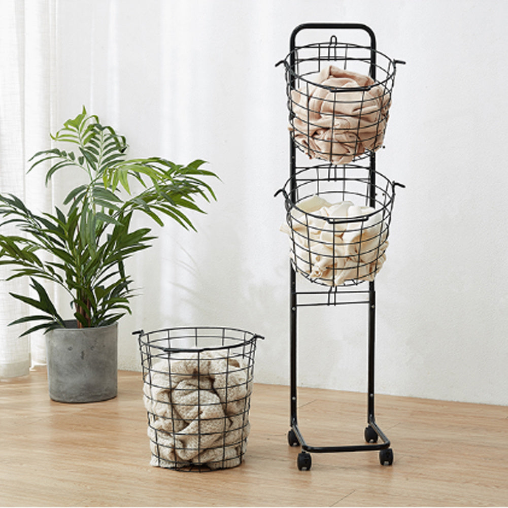 3 Tier Black Laundry Basket with Wheels Metal Rolling Storage Organiser
