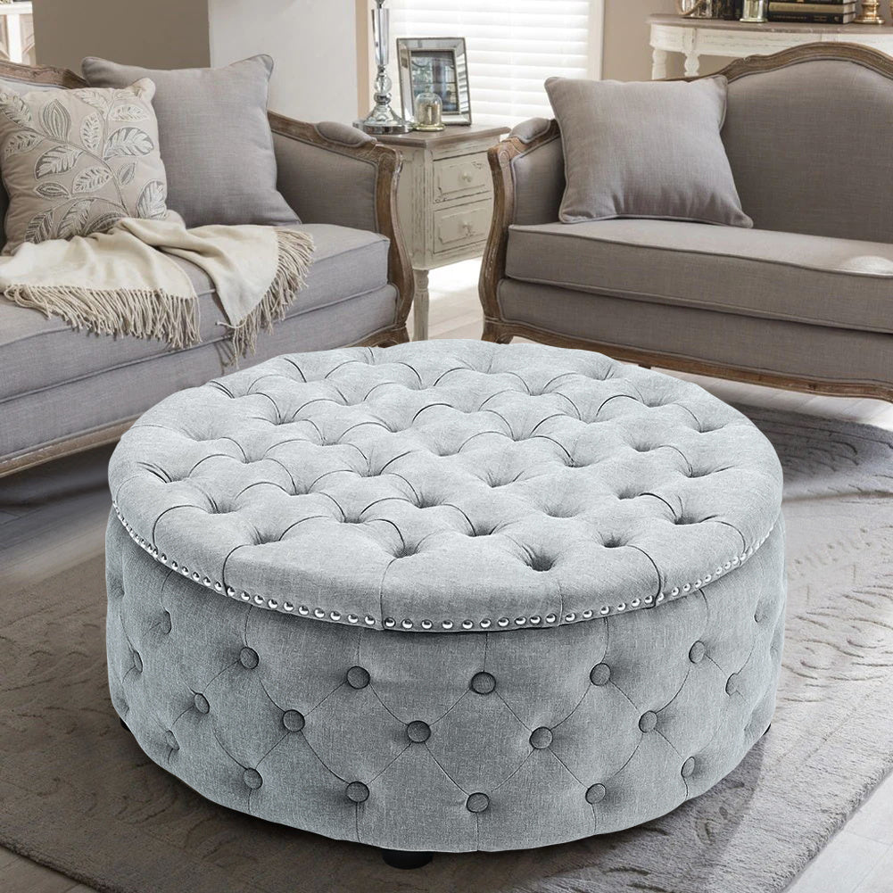 Linen Round Chesterfield Buttoned Footstool studded Edge, Grey White