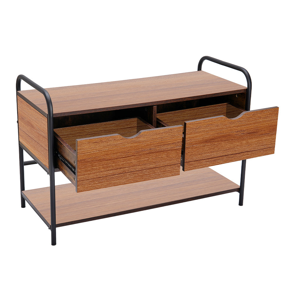 2 Drawer Modern Entry Bench Metal Wood Storage Hallway Seat