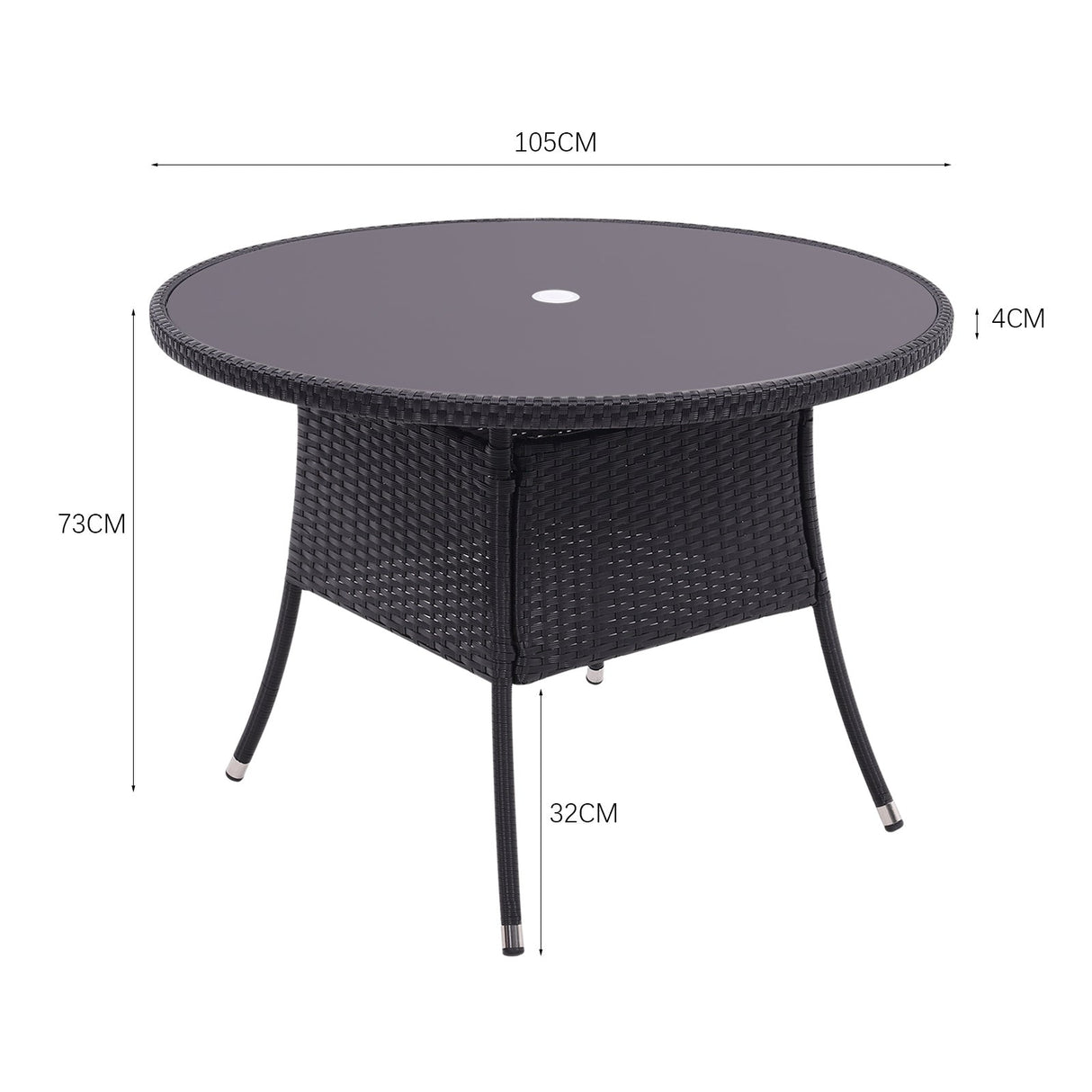 105CM Patio Garden Round Rattan Glass Table With Umbrella Hole Black
