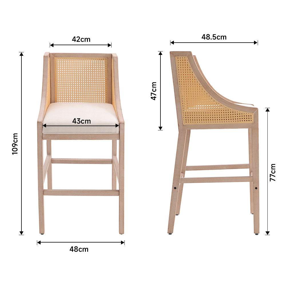 2Pcs Natural Rattan Bar Stools Kitchen Stools with Backrest,White