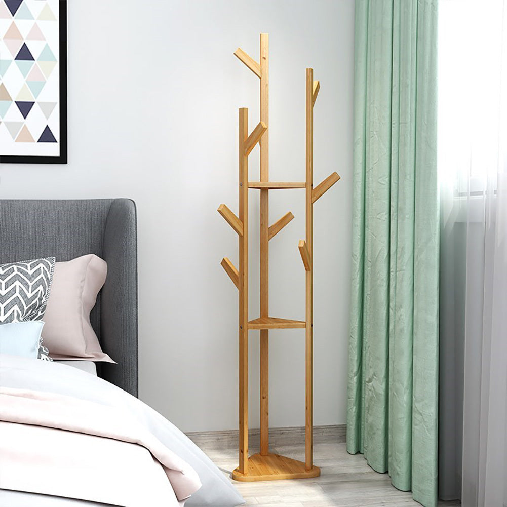 Standing Wood Cloth Hat Rack with 3 Storage Shelves, Light Brown