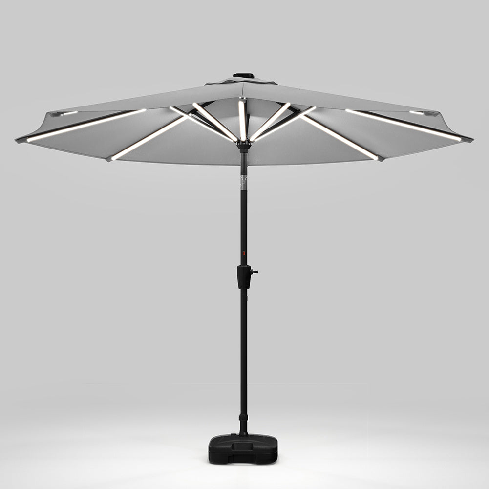 3M Light Grey Large Garden LED Parasol Outdoor Beach Umbrella with Light Sun Shade Crank Tilt with Square Base