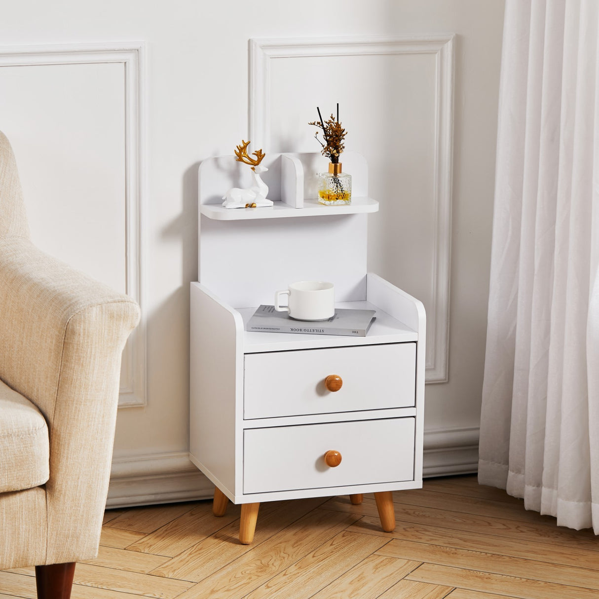Modern Wood Bedside Table with Two Drawer and Shelf Legs
