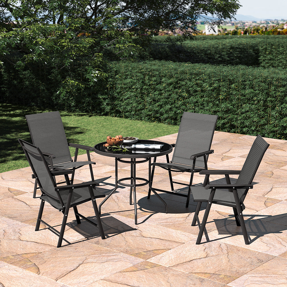 Set of 5 Garden Patio Glass Umbrella Round Table and Folding Chairs Set