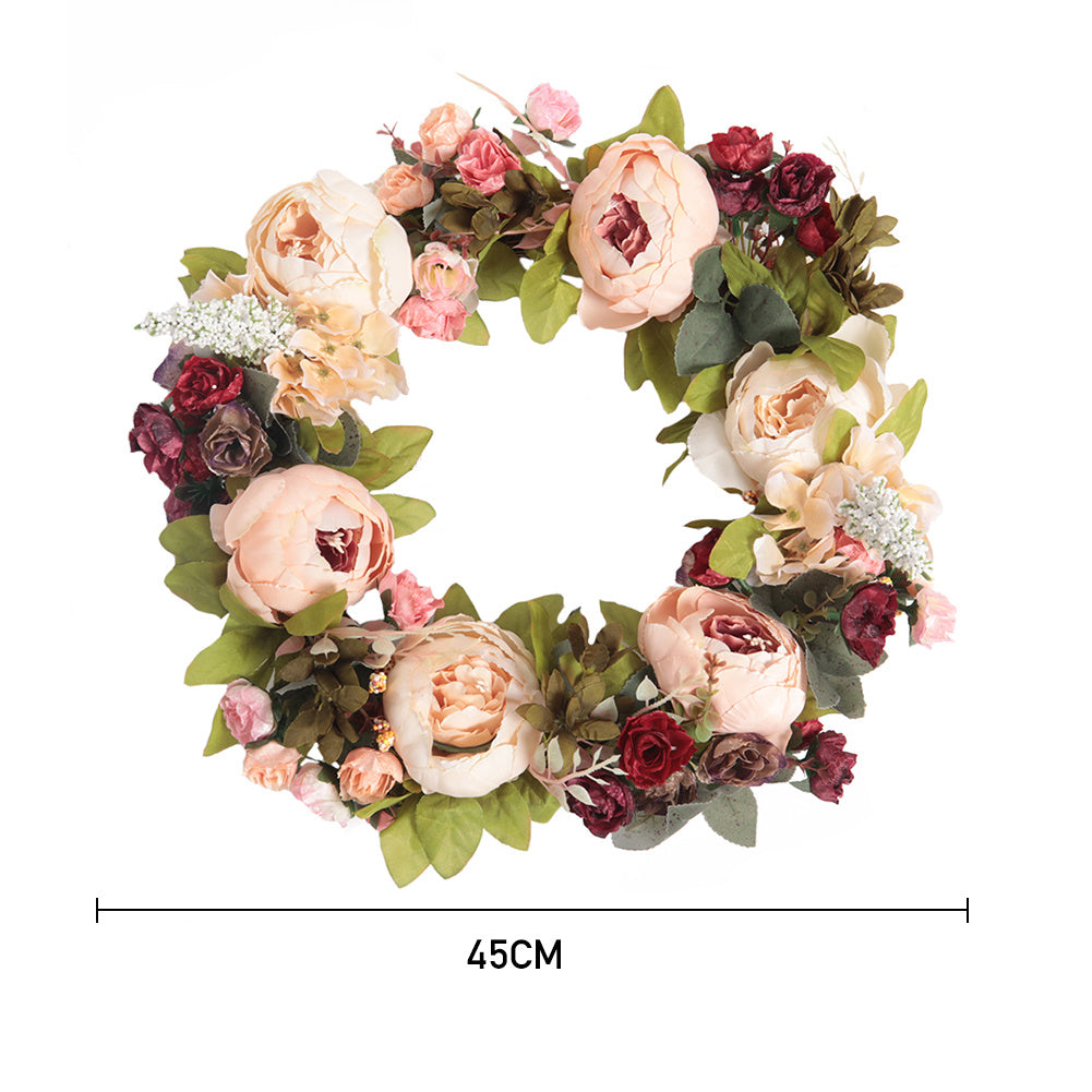 45cm Artificial Peony Mixed Flowers Wreath with Rattan Base