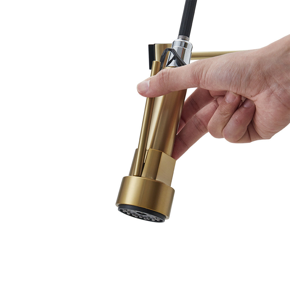 Brushed Gold Stainless Steel Kitchen Faucet with Pull Down Spring Spout