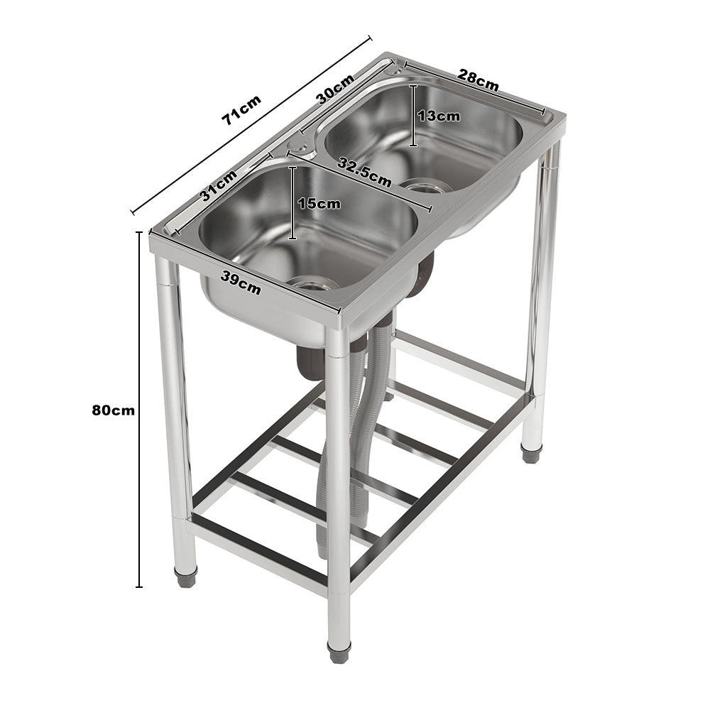 Freestanding Two Compartment Stainless Steel Sink with Shelf