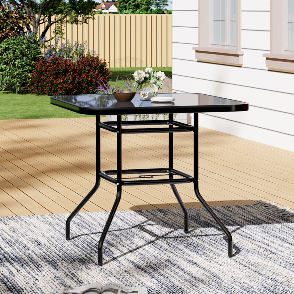 80CM Garden Glass Top Table With Umbrella Hole, Square