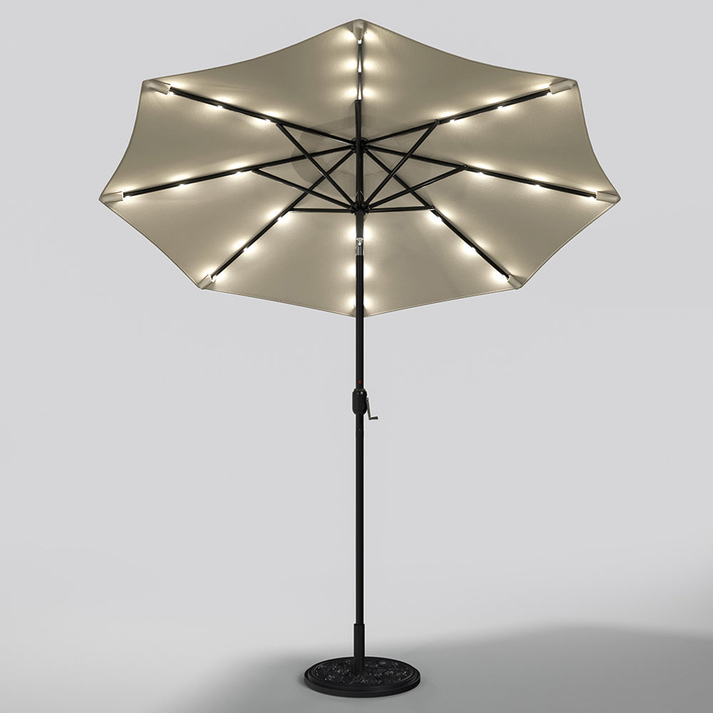 3M Large Garden LED Parasol Outdoor Umbrella with Light Sun Shade Crank Tilt with 10KG Round Base, Beige