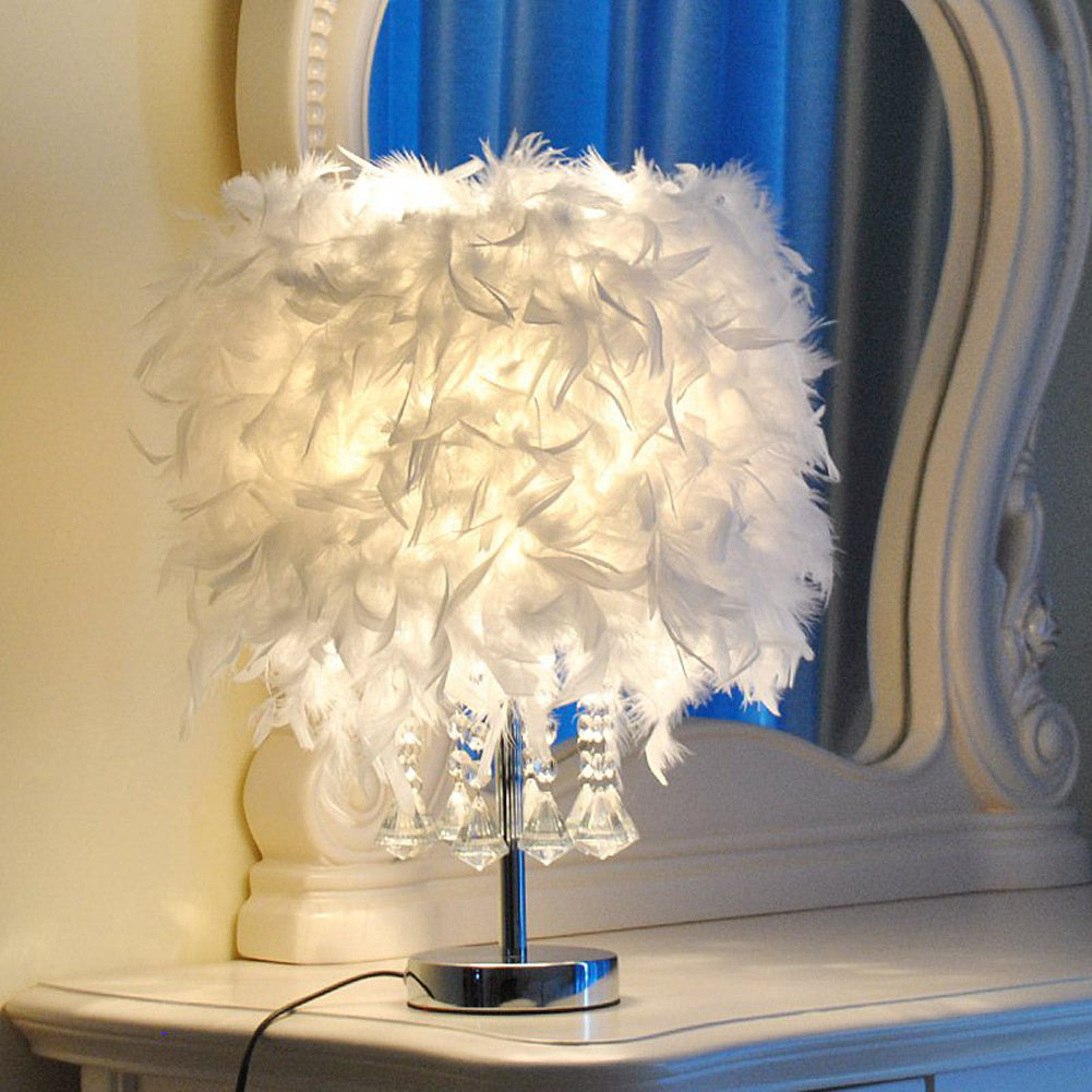 Crystal Table Lamp Feather decoration for Bedroom, White