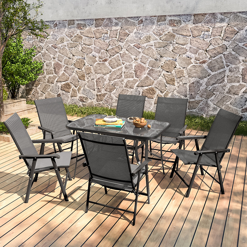 Black Set of 7 Garden 120CM Rectangle Glass Umbrella Table and Folding Chairs Set
