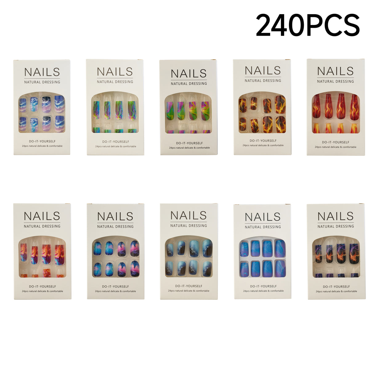 240PCS Lightning Press On Nails Red Blue Flame Fake Nails Set