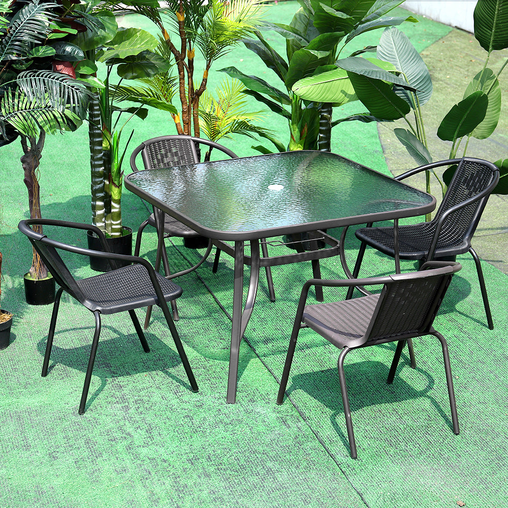 Garden Ripple Glass Square Table And Stackable Chair Set With Umbrella Hole, Black Table + 4 Chairs
