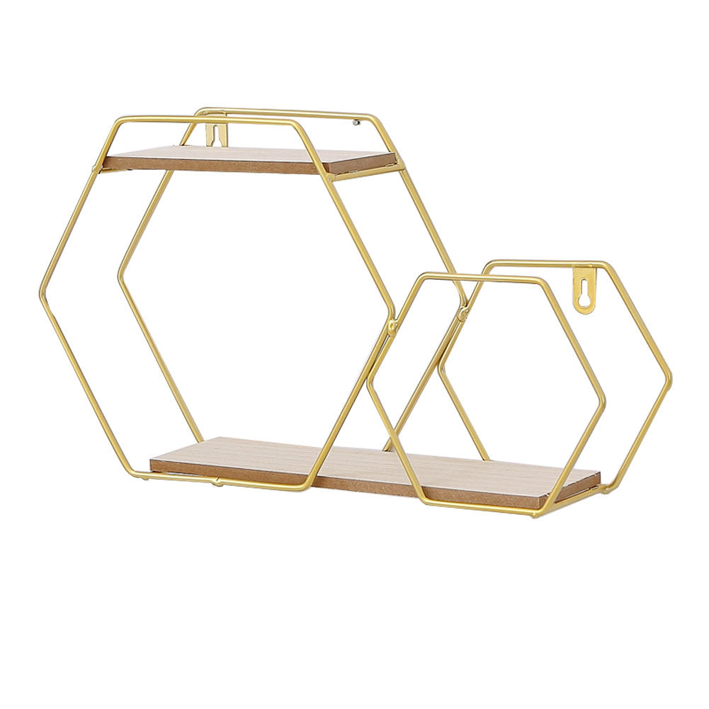 Dual Hexagonal Floating Wall Mounted Shelf Metal Space Saving Decor