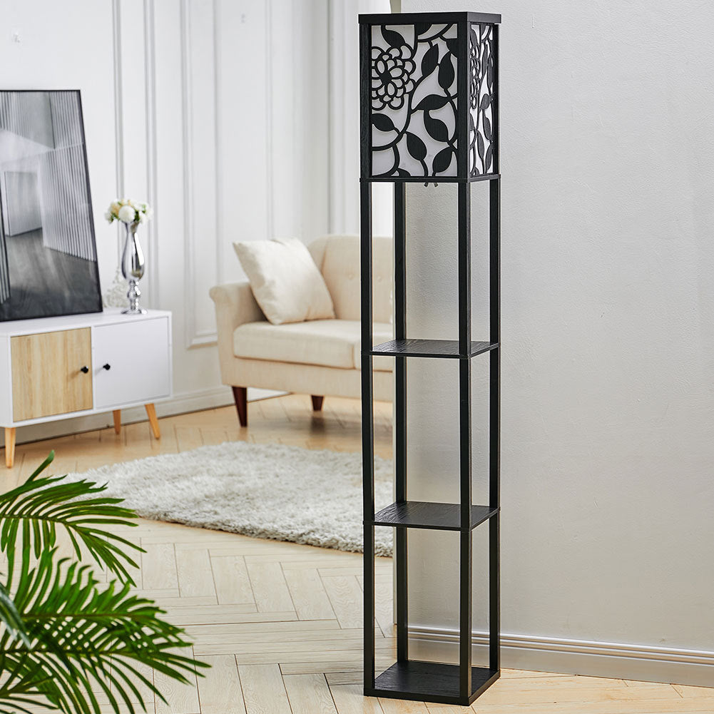 3 in 1 Wooden and Linen Floor Lamp with Shelves,Black Vines
