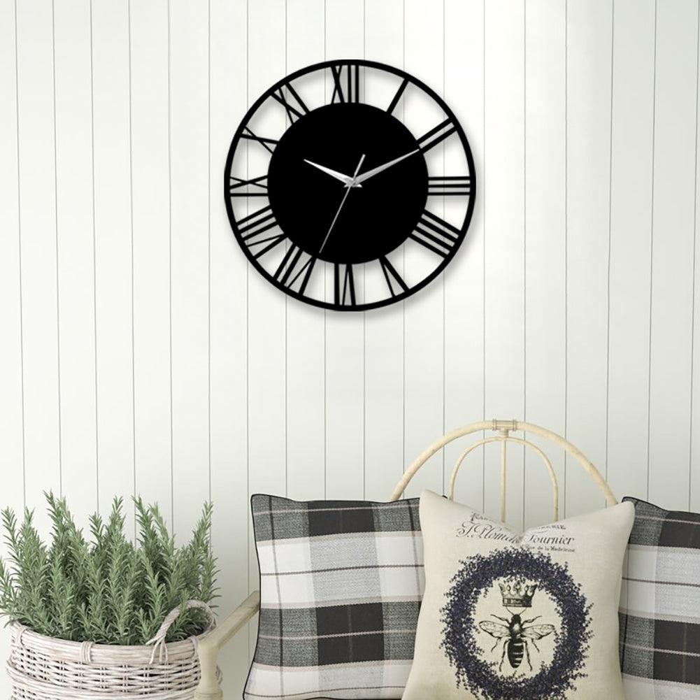 30CM Large Elegant Roman Numerals Open Round Wall Clock, Black and Silver