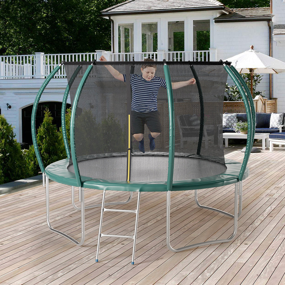 Dark Green 12FT Outdoor Enclosure Trampoline with Ladder