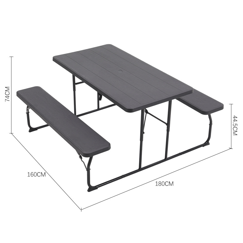 Black Foldable Picnic Table and Bench Set with Parasol Hole