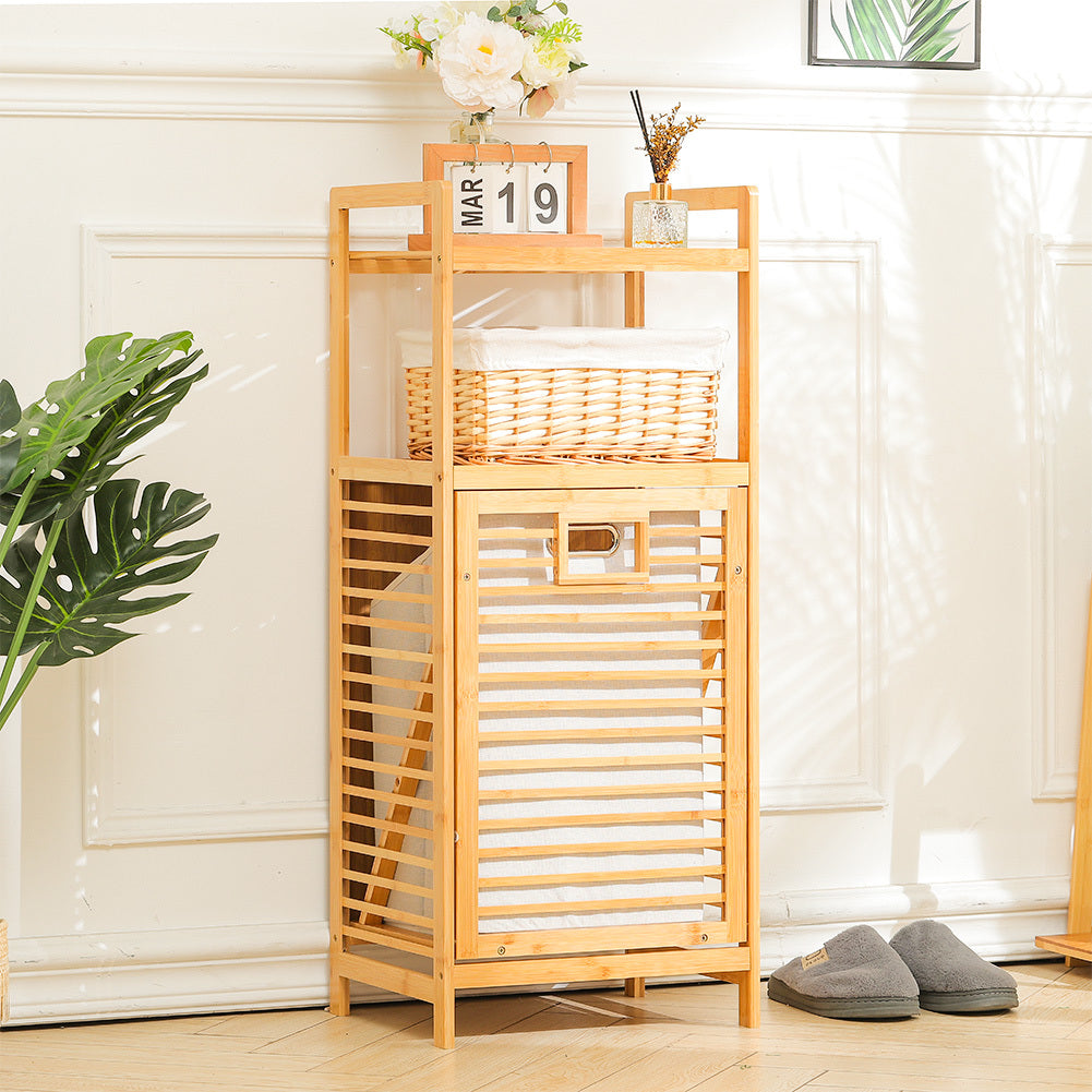 Bamboo Laundry Hamper with Shelves Large Capacity Removable Bag