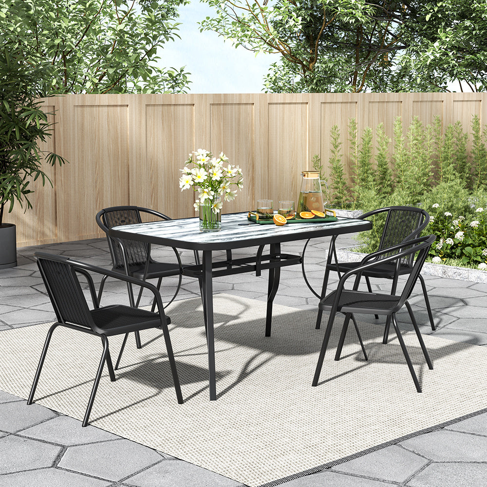 Garden Tempered Glass White Wood Grain Coffee Table with Four chairs