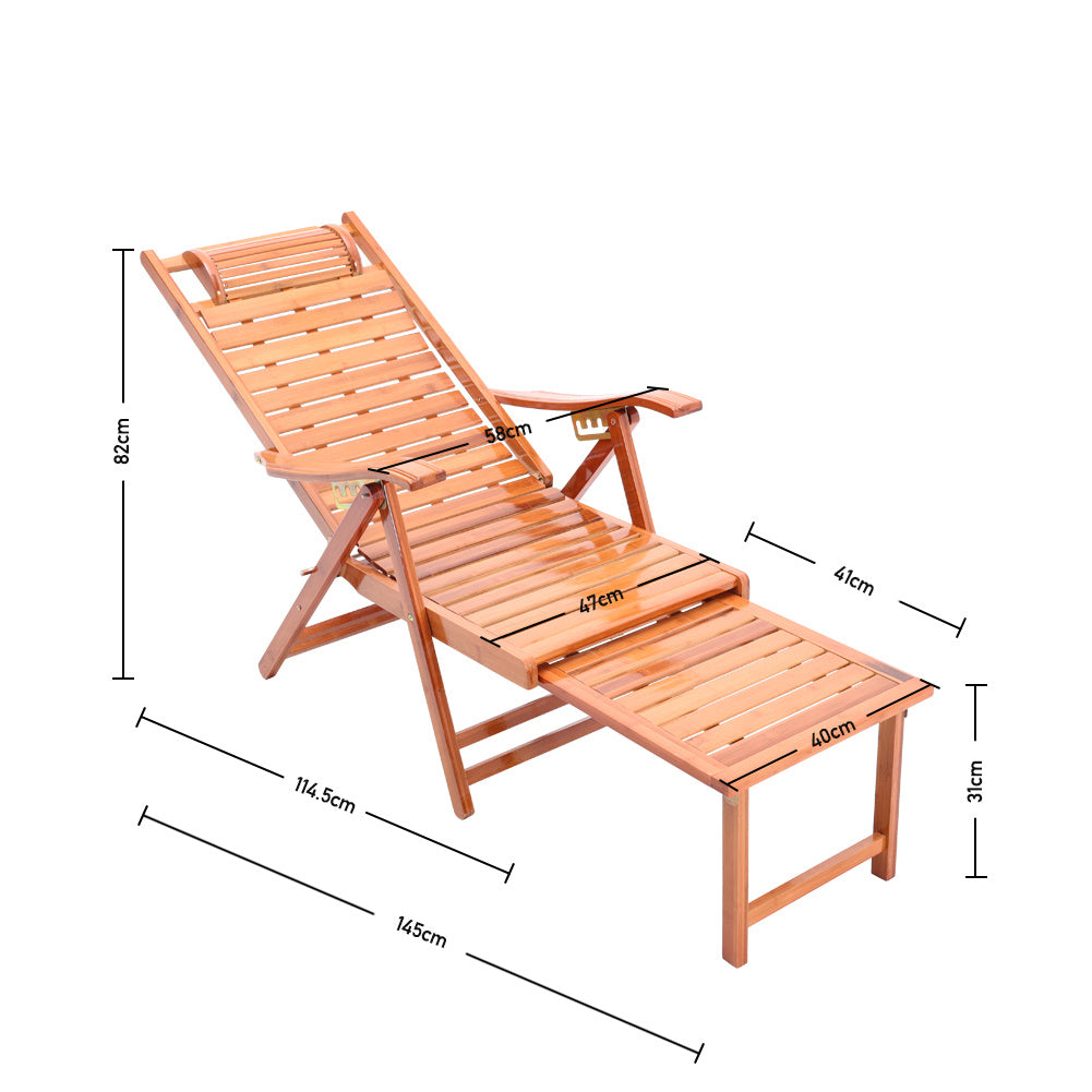 Bamboo Foldable Recliner Lounge Chair with Footrest with Retractable Footrest