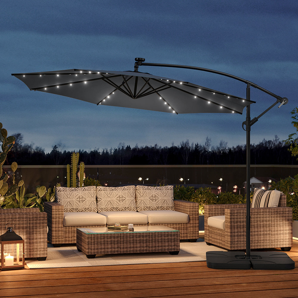 3M Large Garden Hanging LED Parasol Cantilever Sun Shade Banana Umbrella with Cross Base, Dark Grey