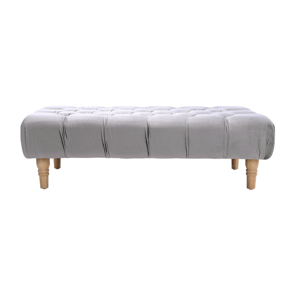 Velvet Buttoned Footstool with Wood Legs, Grey