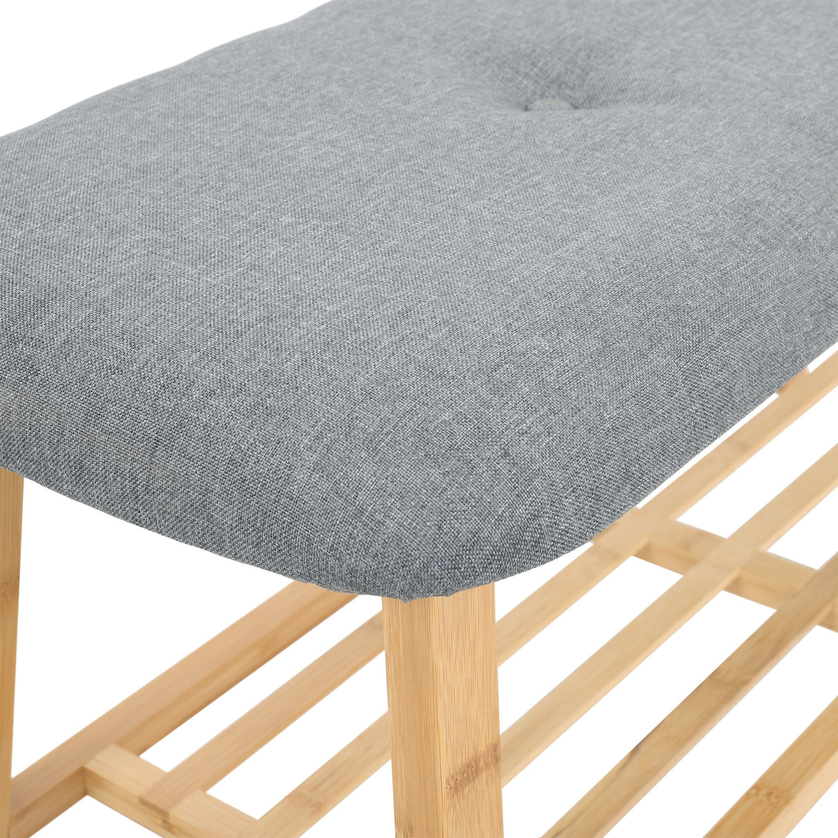 2 Tier Hallway Bamboo bench with Linen Cushion Shoes Storage Rack Grey