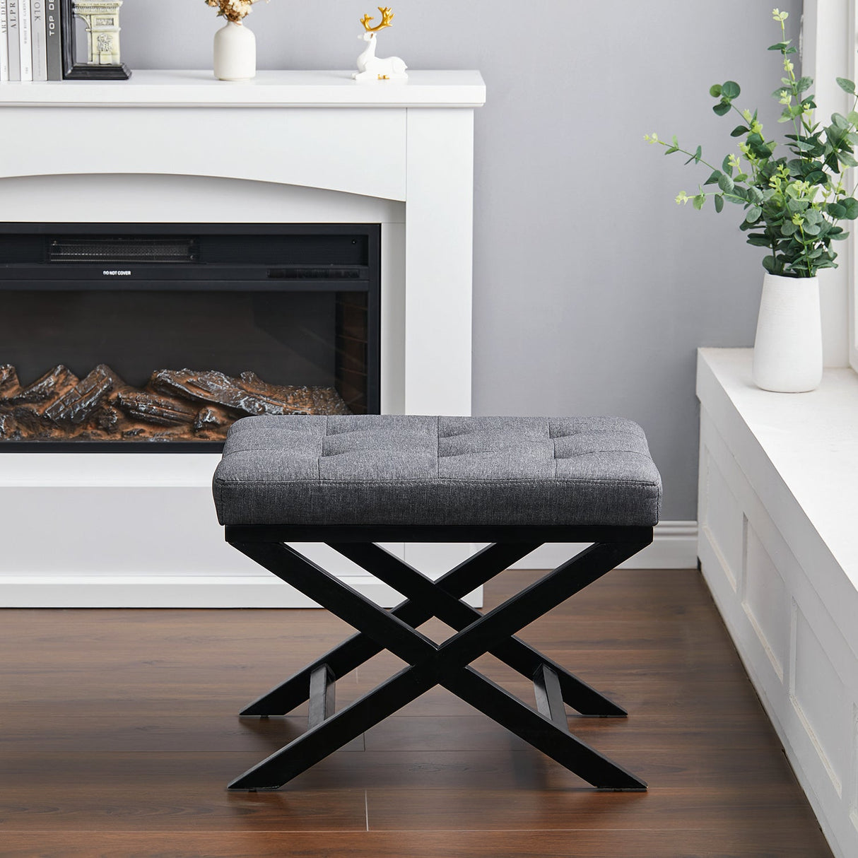 Linen Buttoned Footstool with X shaped Legs