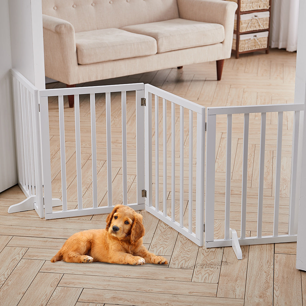 Foldable Wood Pet Free Standing Indoor Gate White 4 Panels