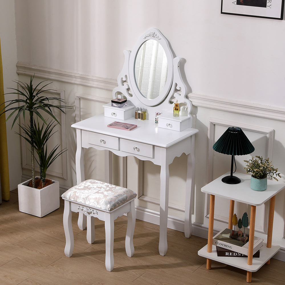 Modern White Makeup Vanity Table with Adjustable Mirror Stool and Drawers