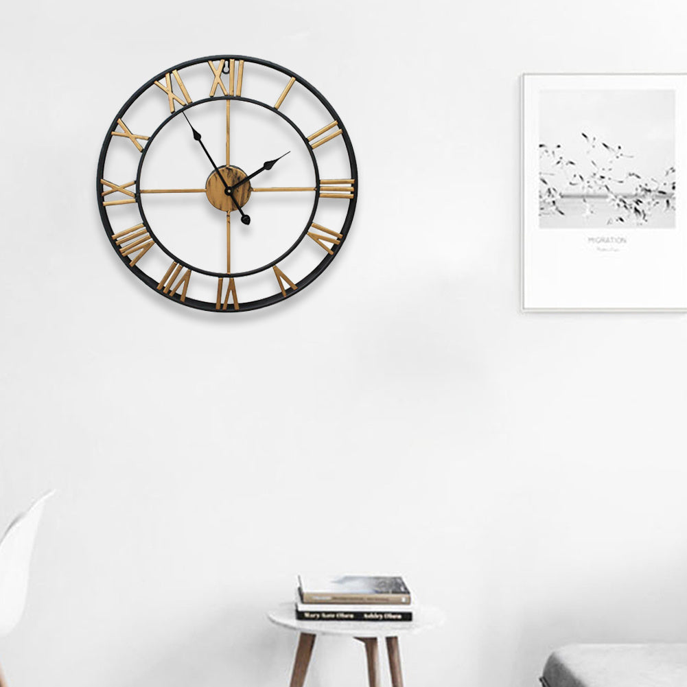 60CM Black Metal Quartz Round Roman Wall Clock