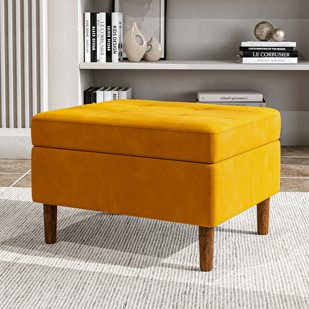 Yellow Rectangle Velvet Storage Ottoman with Upholstery Hidden Extra Seating