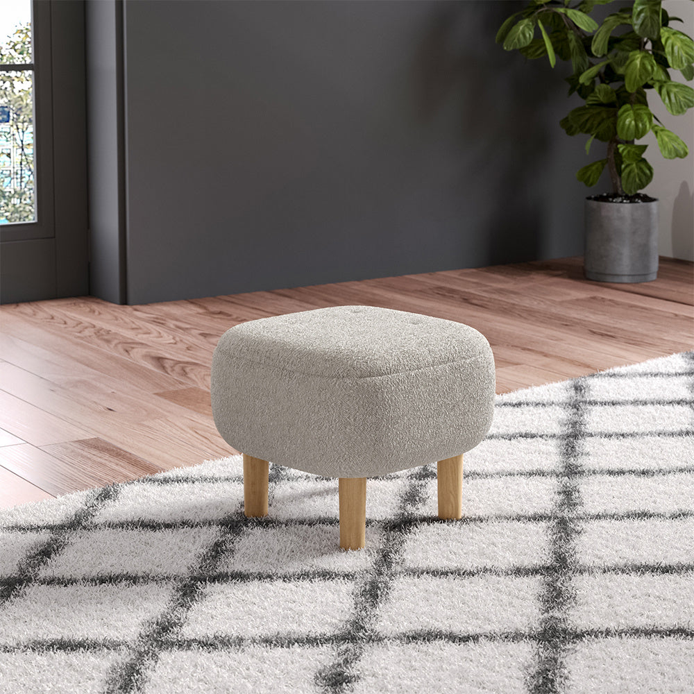 Beige Footstool Pouffe Stool with Wooden Legs