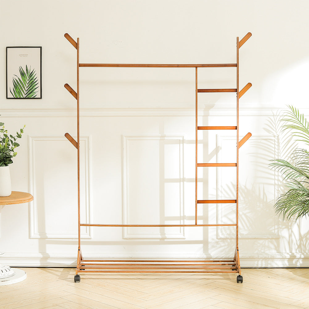 Brown Bamboo Clothes Rack Storage Organizer Shelves