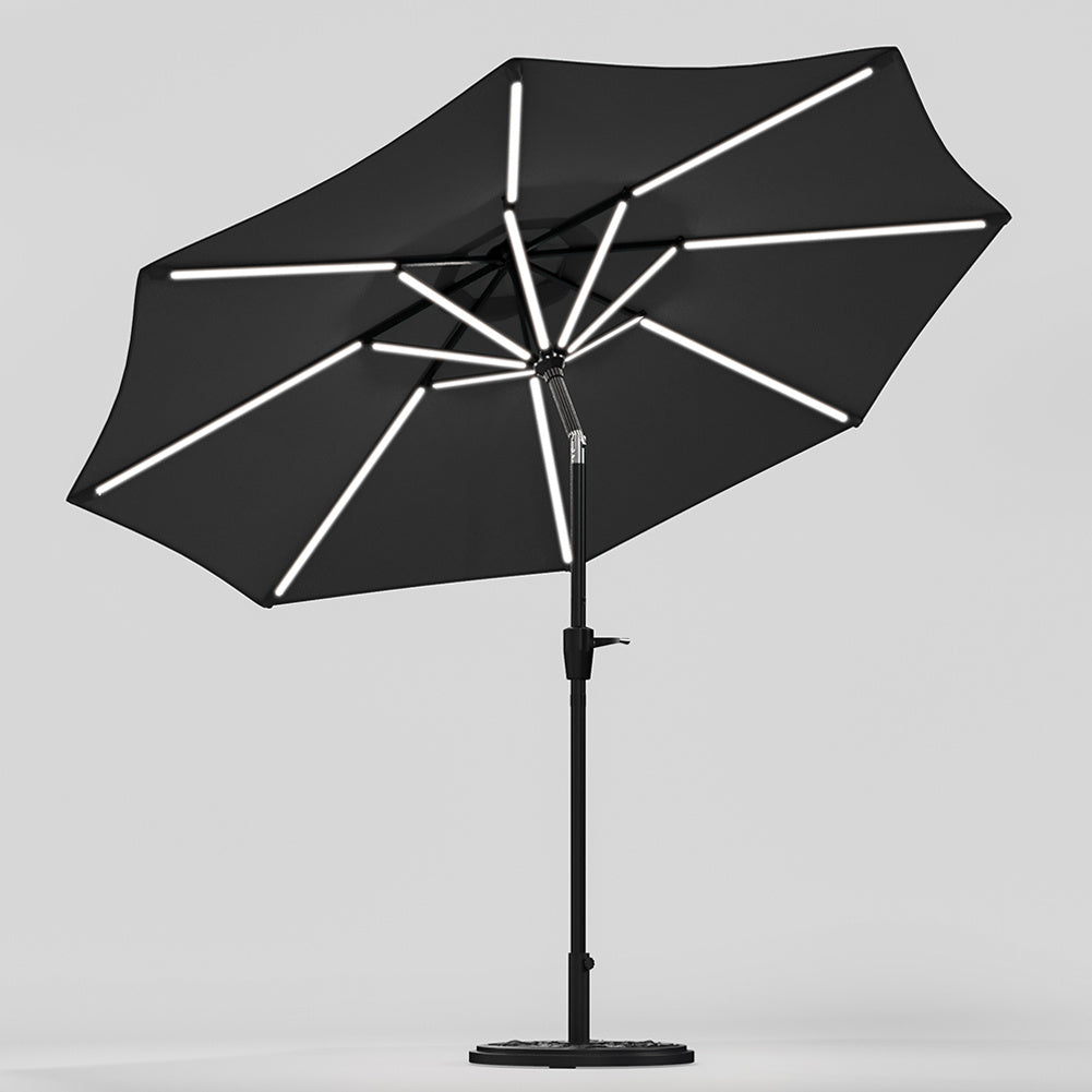 3M Large Garden LED Parasol Outdoor Beach Umbrella with Light Sun Shade Crank Tilt with 10KG Round Base, Gark Grey