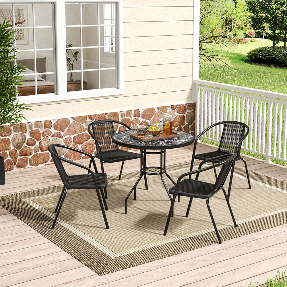 Black Round 80cm Garden Tempered Glass Marble Coffee Table with Four chairs