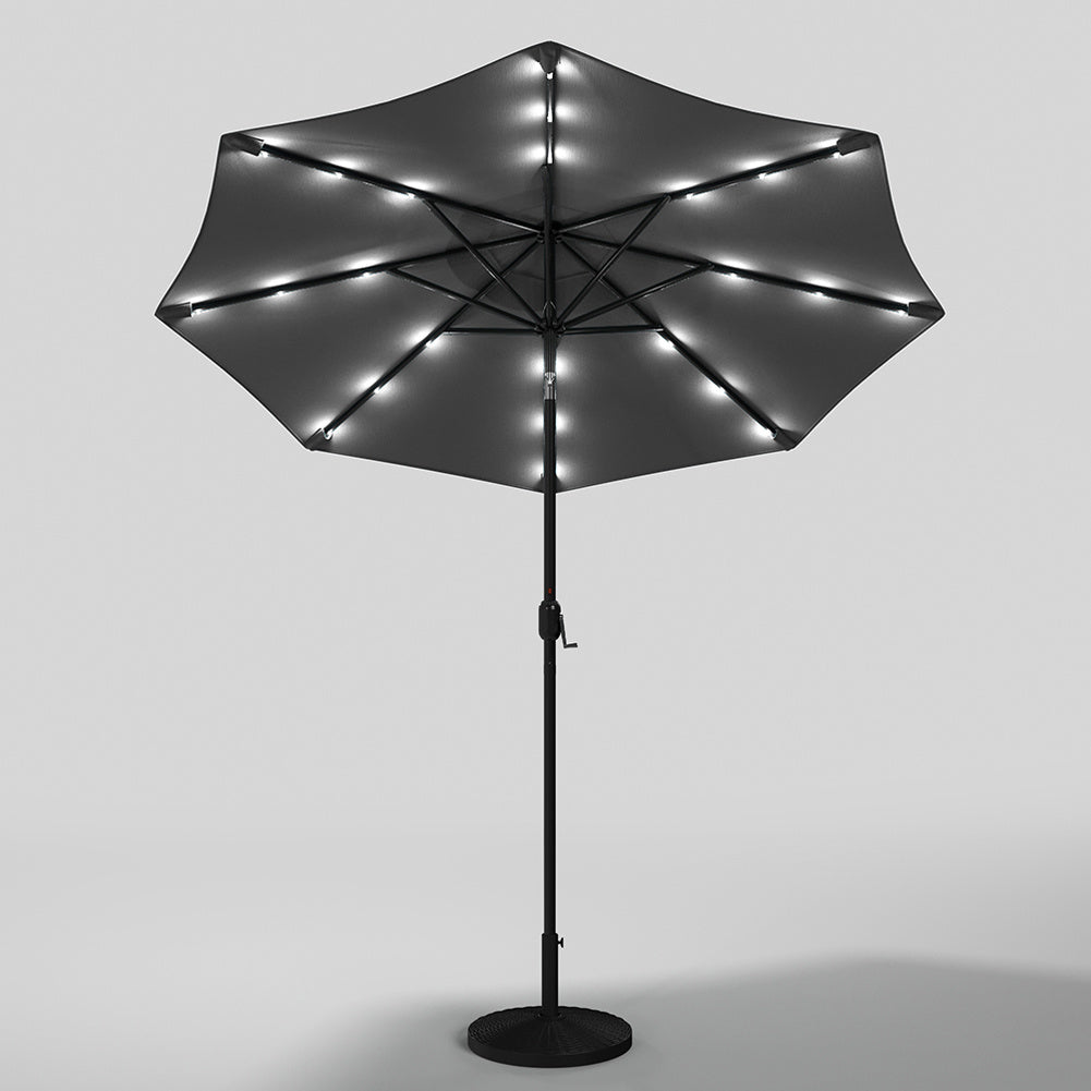 3M Large Garden LED Parasol Outdoor Beach Umbrella with Light Sun Shade Crank Tilt with 14KG Round Base, Dark Grey