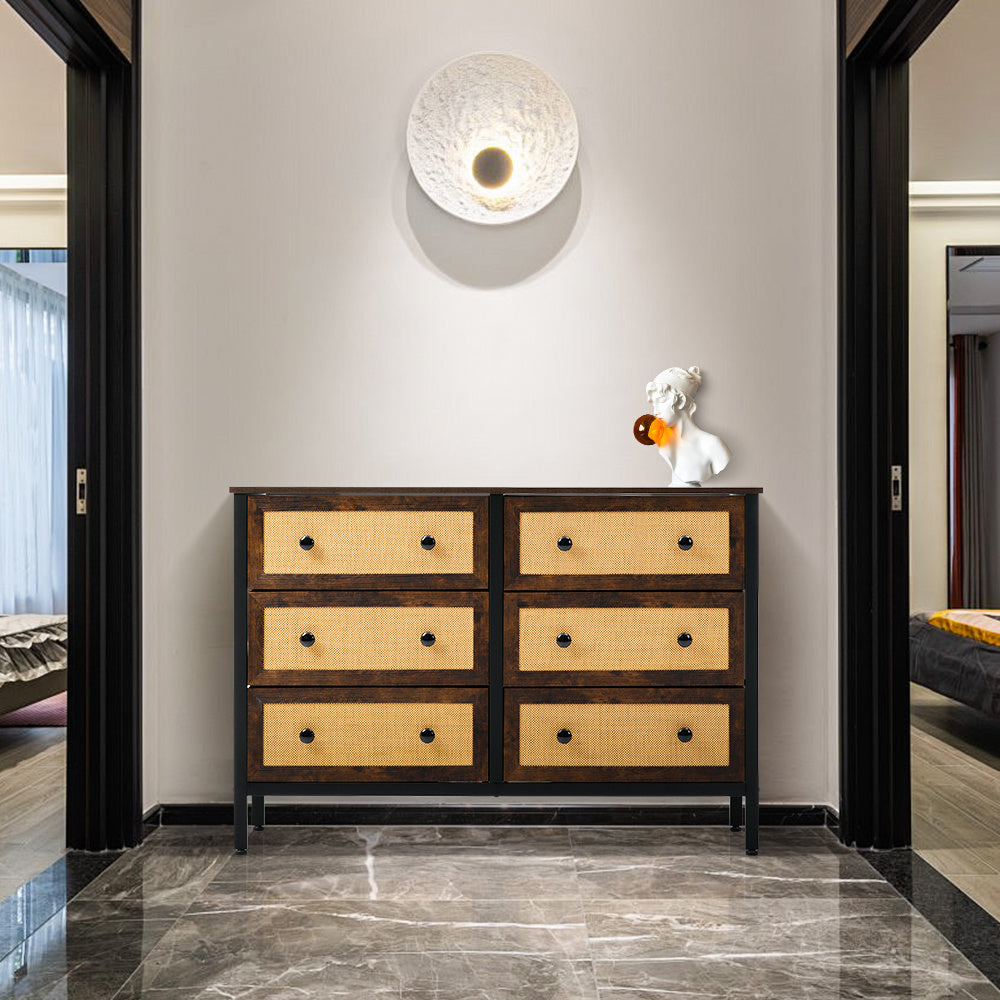 6 Drawer Rustic Rattan Storage Cabinet