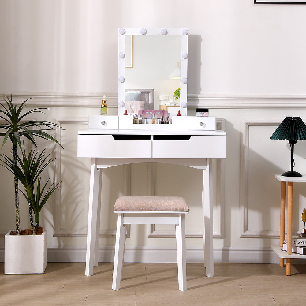 White 80cm Modern Makeup Dressing Desk Set with Lighted Mirror and Stool