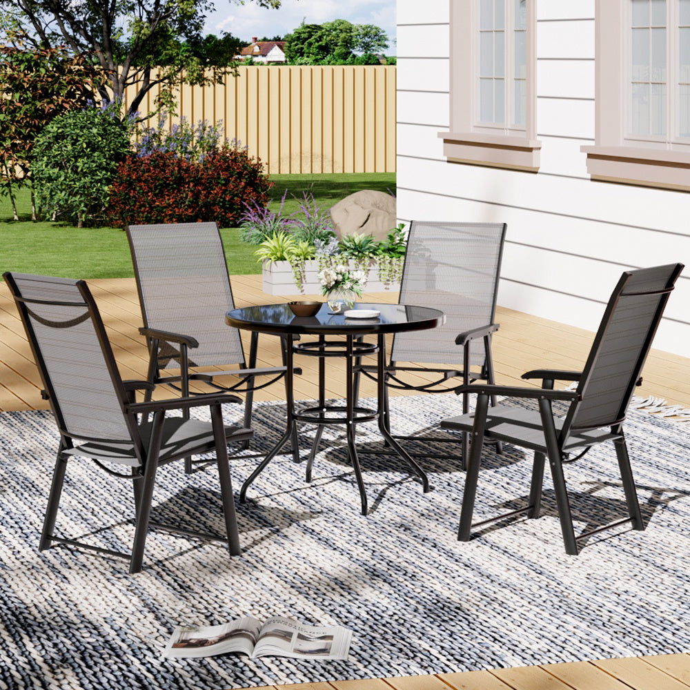 Set of 5 Garden Patio Glass Umbrella Round Table and Folding Chairs Set