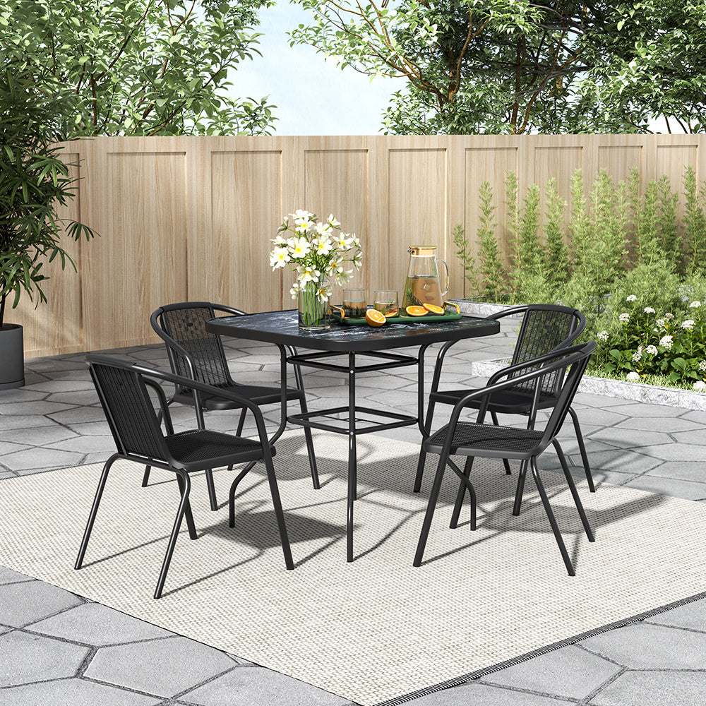 Black Square Garden Tempered Glass Marble Coffee Table with Four chairs
