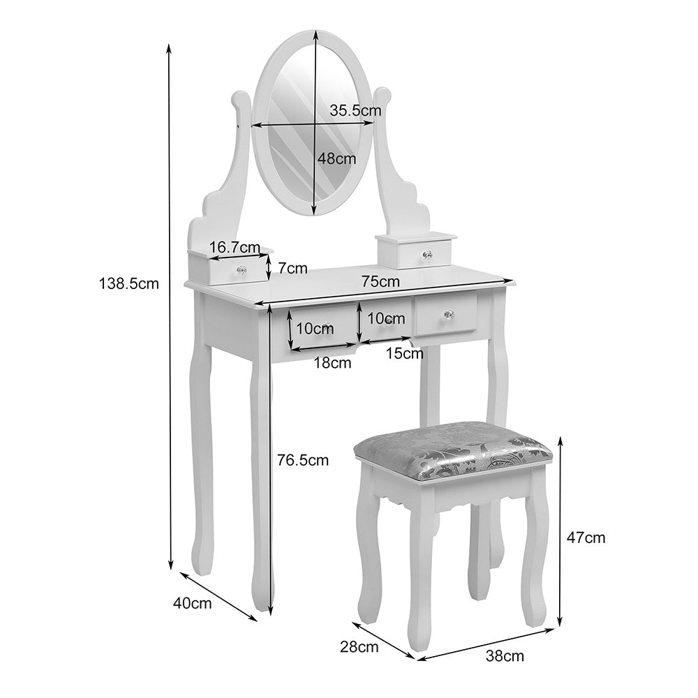 White Makeup Vanity Table with Adjustable Mirror Stool and 5 Drawers