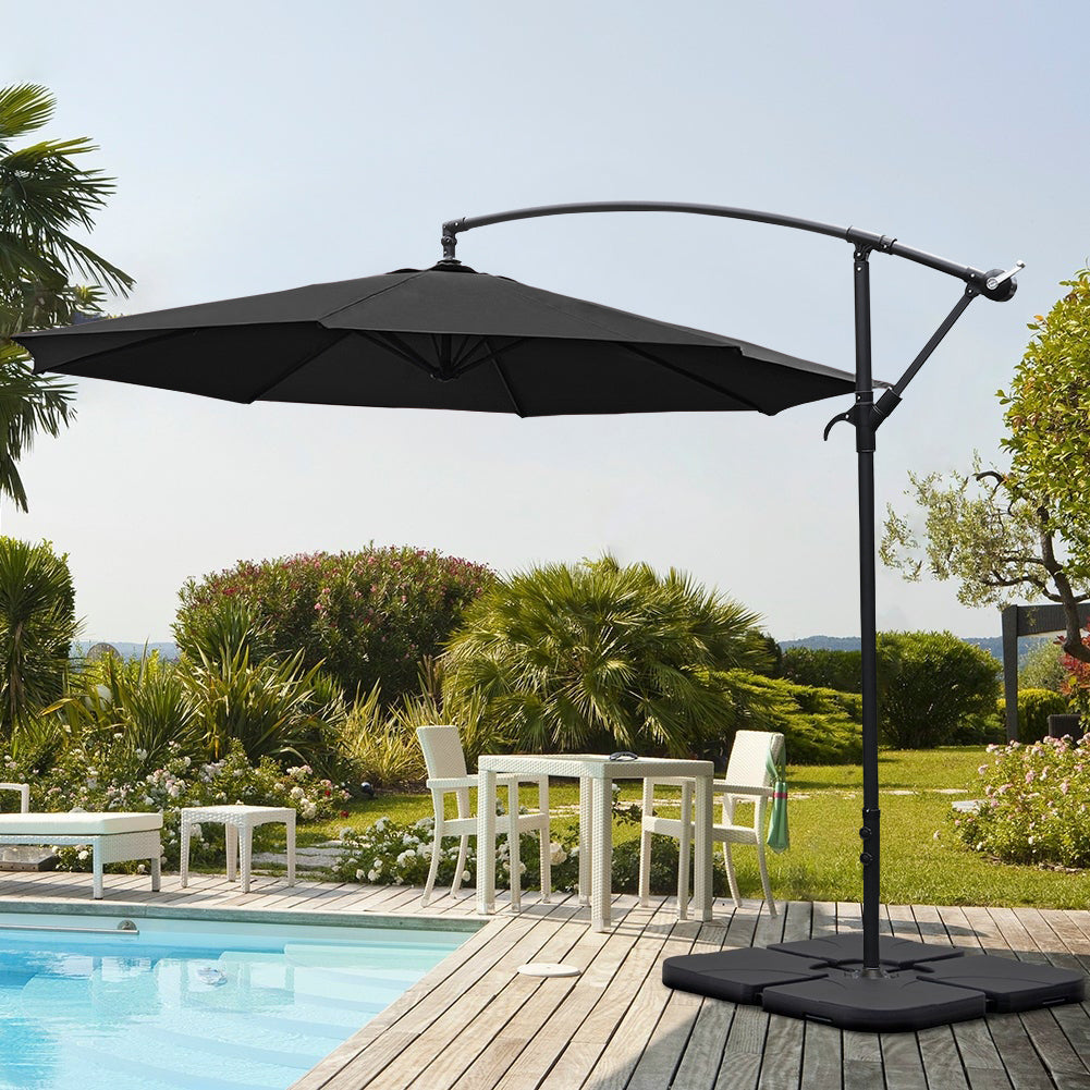Garden 3M Black Banana Parasol Cantilever Hanging Sun Shade Umbrella Shelter with Square Base